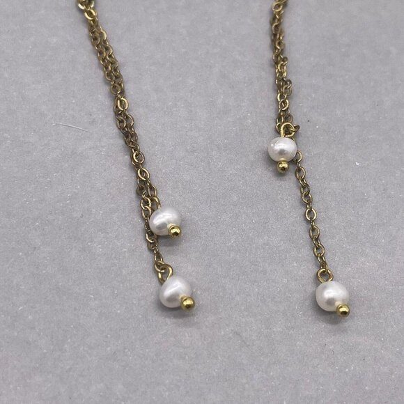 925 Sterling Sterling Silver Gold toned double Long Chain Beaded Dangle Earrings - Picture 2 of 4